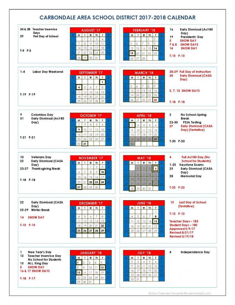 2017_2018 Calendar Revised 32318 Carbondale Area School District