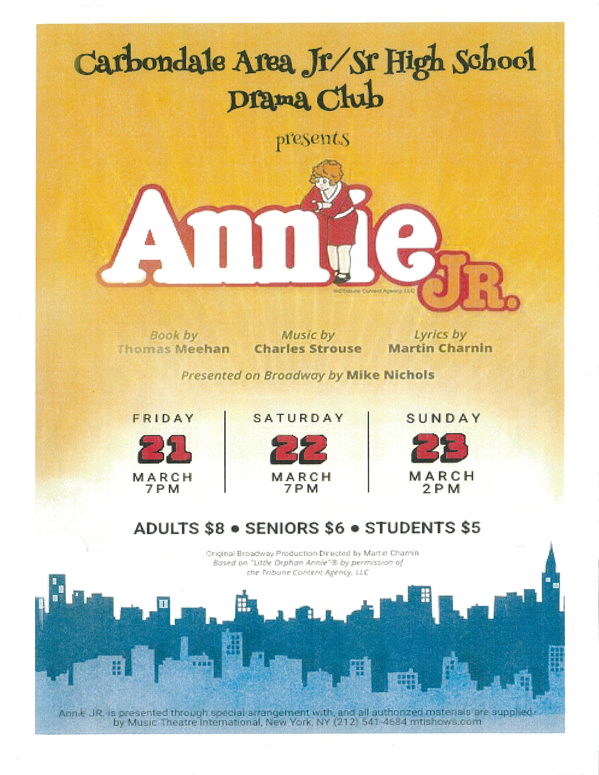 You are currently viewing Carbondale Area Drama Club Presents Annie Jr. March 21 (7pm), March 22 (7pm) and March 23 (2pm)